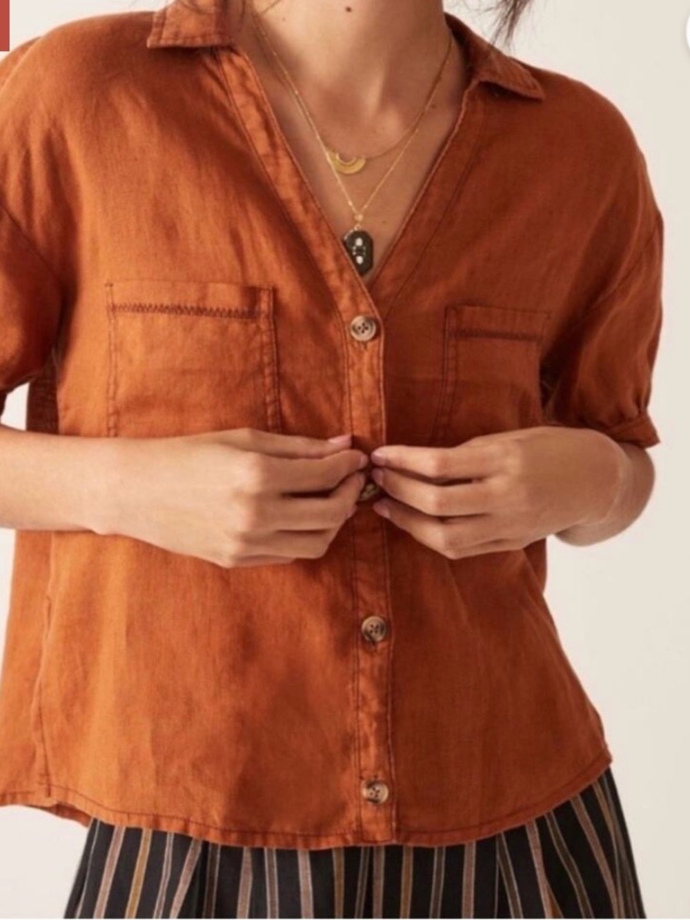 Pilcro Rust linen Button-Down Short Sleeve Shirt ptp 22 length 25 retail $98